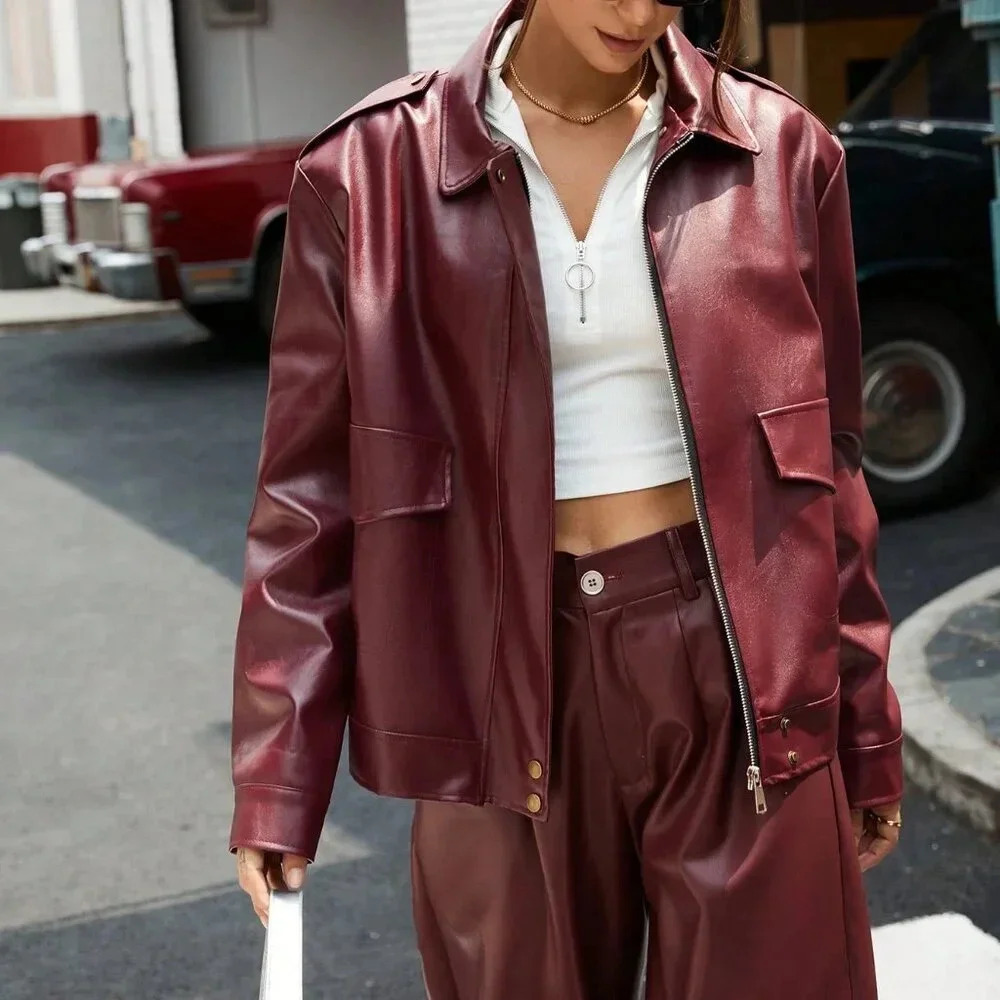 Burgundy Casual Women's Dolman Sleeve PU Oversized Bomber Jacket - Picture 2 of 5